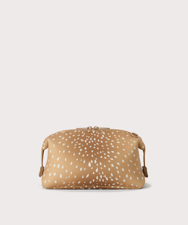 Hunter Large toiletry bag in an understated, neutral fawn print with a range of rich browns Back view. 
