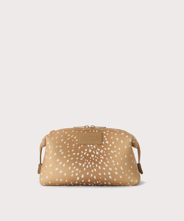 Hunter Large toiletry bag in an understated, neutral fawn print with a range of rich browns
