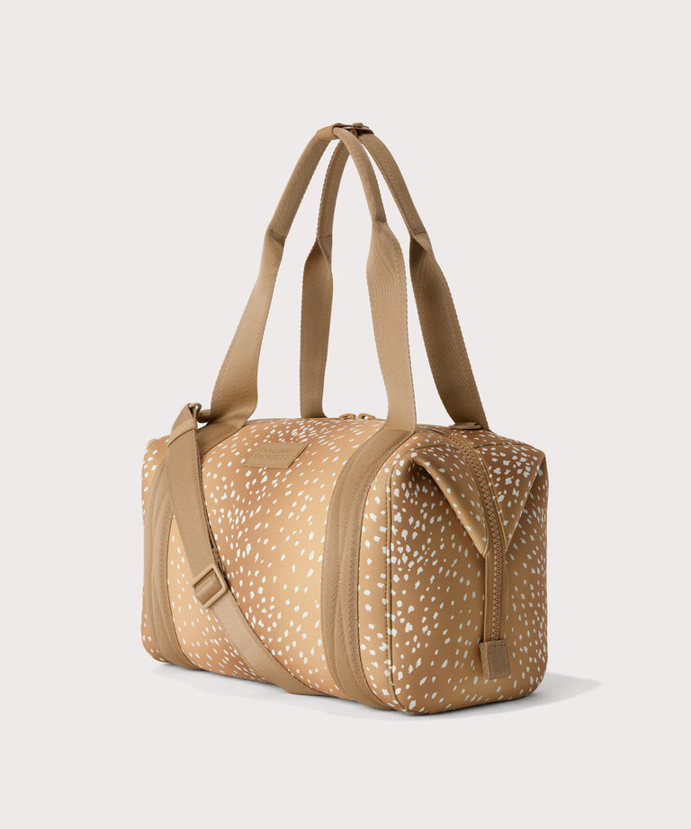 Medium Landon Carryall in an understated, neutral fawn print with a range of rich browns, side angle view

