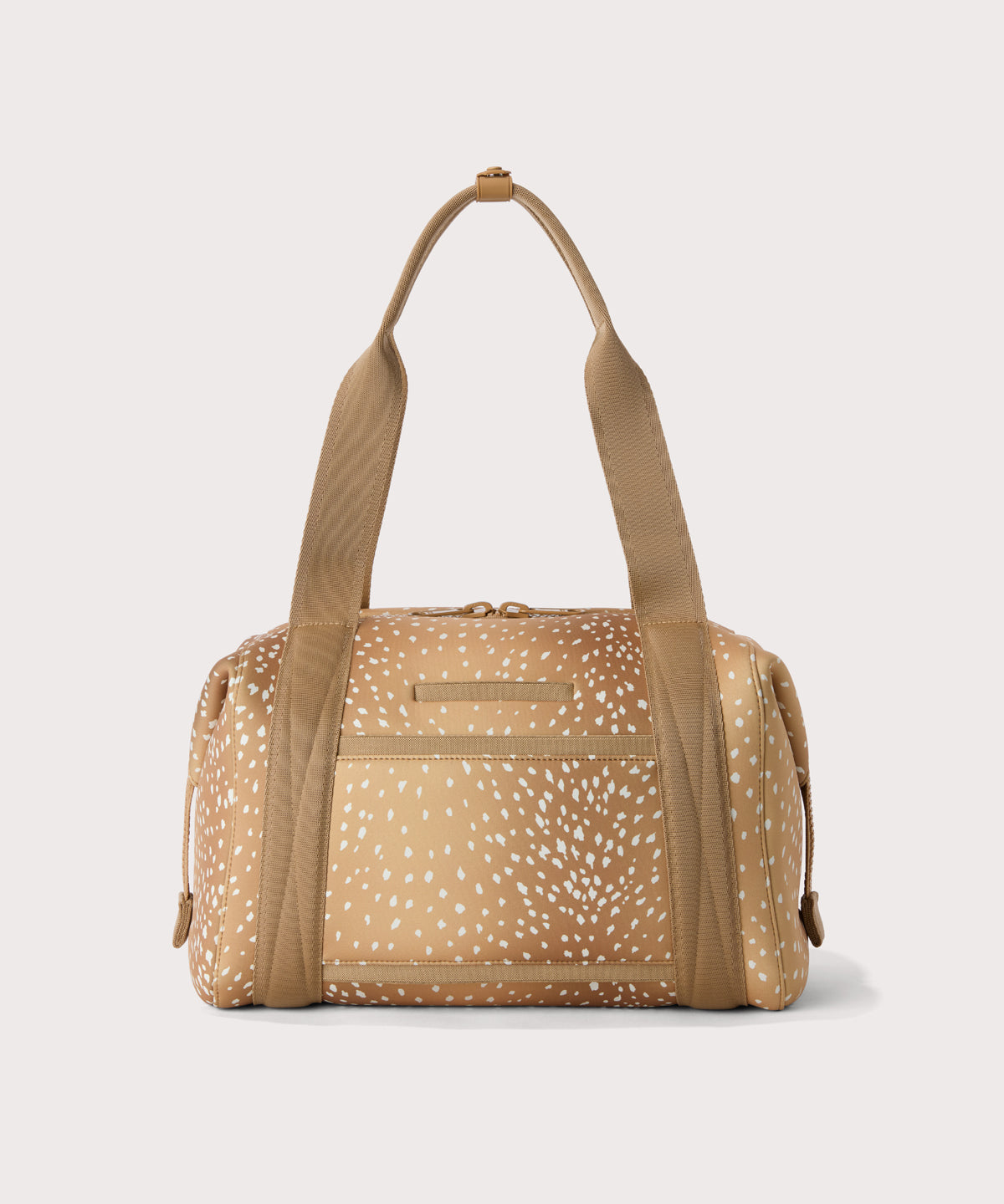 Medium Landon Carryall in an understated, neutral fawn print with a range of rich browns, displaying an exterior phone pocket
