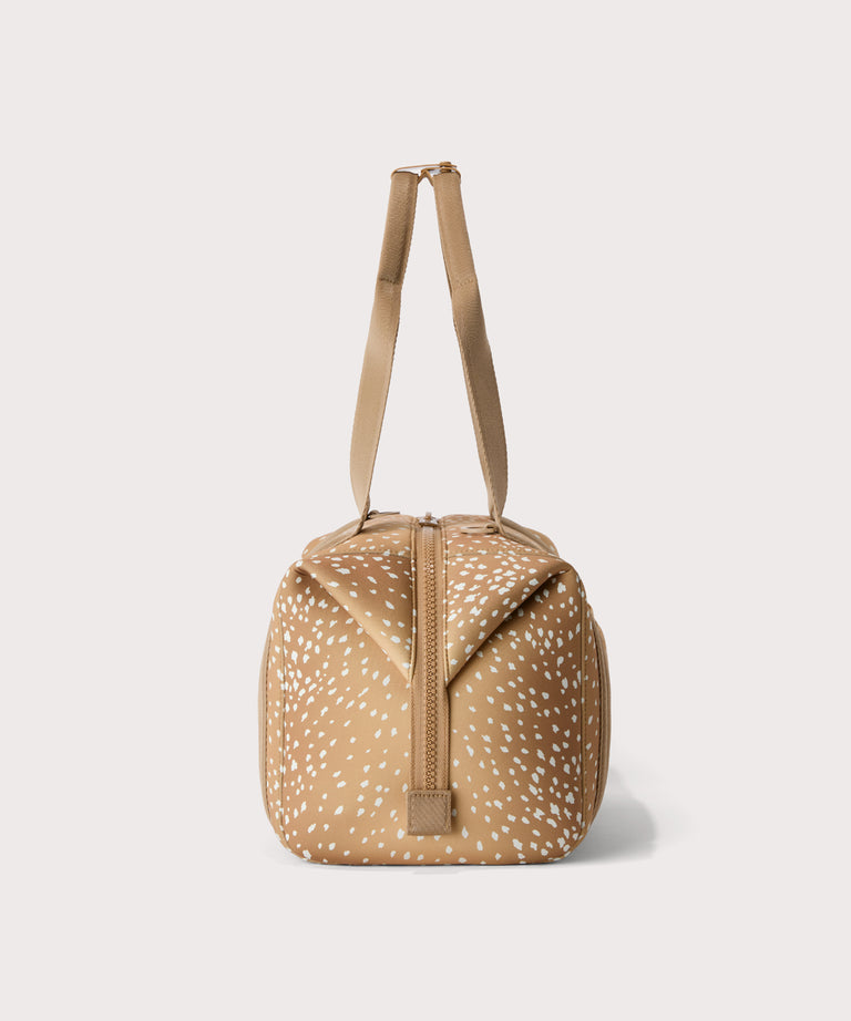 Medium Landon Carryall in an understated, neutral fawn print with a range of rich browns, side view
