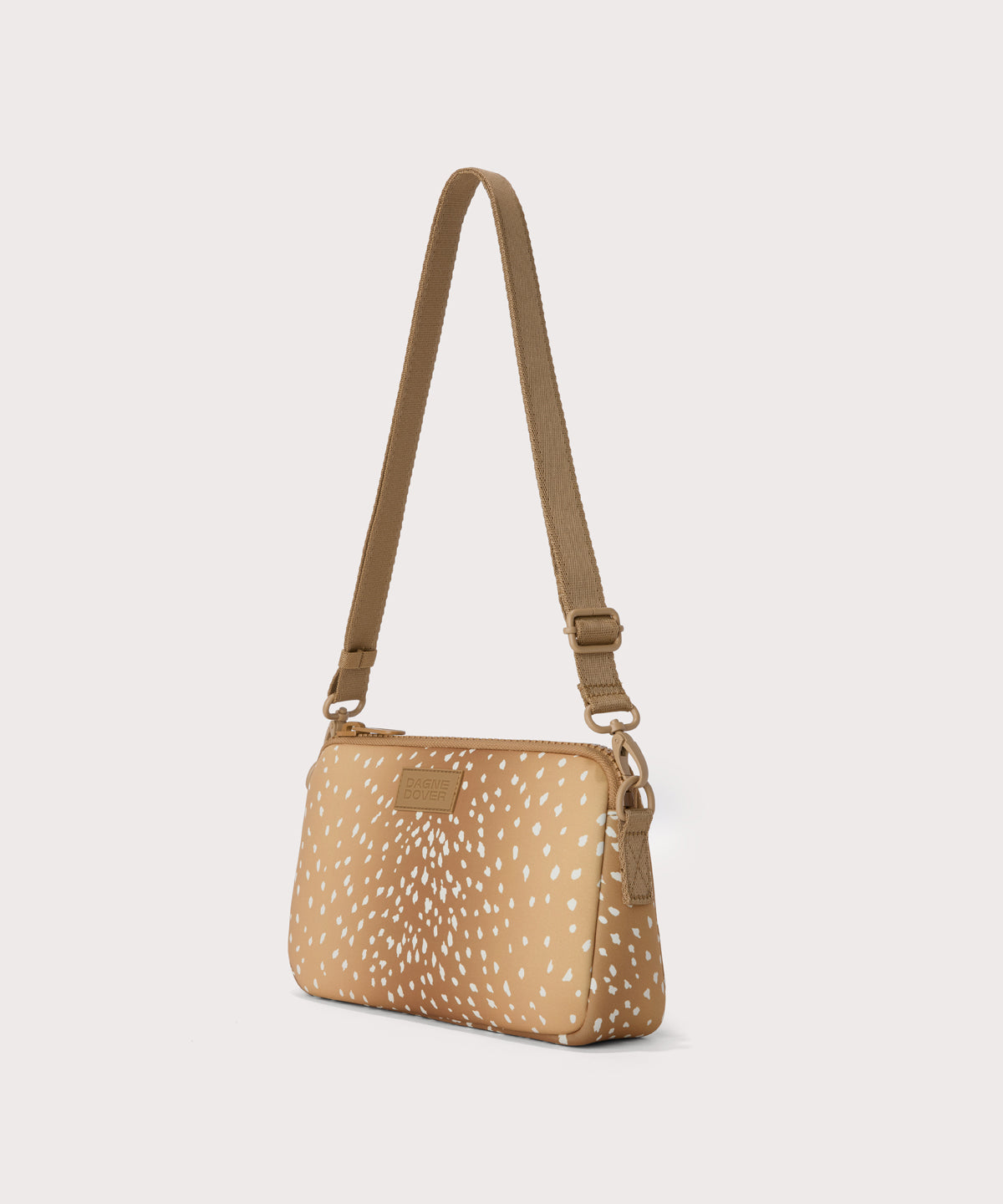 Nora shoulder bag in an understated, neutral fawn print with a range of rich browns, side angle view
