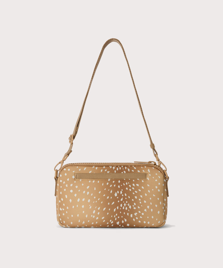 Nora shoulder bag in an understated, neutral fawn print with a range of rich browns Back view. 
