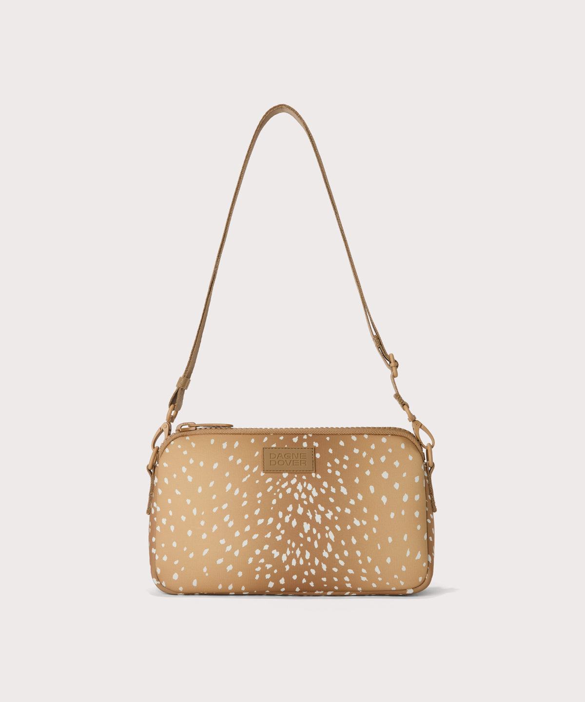 Nora shoulder bag in an understated, neutral fawn print with a range of rich browns
