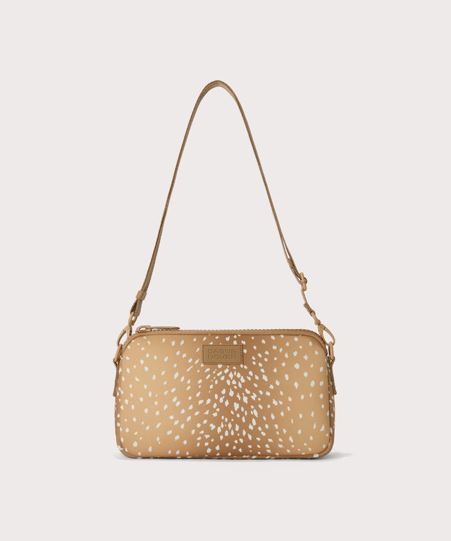 Nora shoulder bag in an understated, neutral fawn print with a range of rich browns
