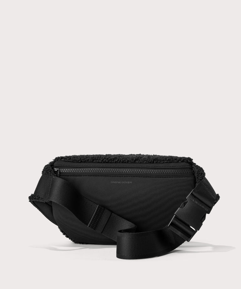 Jax fanny pack in a black.  Back view.  In a  Faux Shearling  a soft, wool-like plush made with recycled materials

