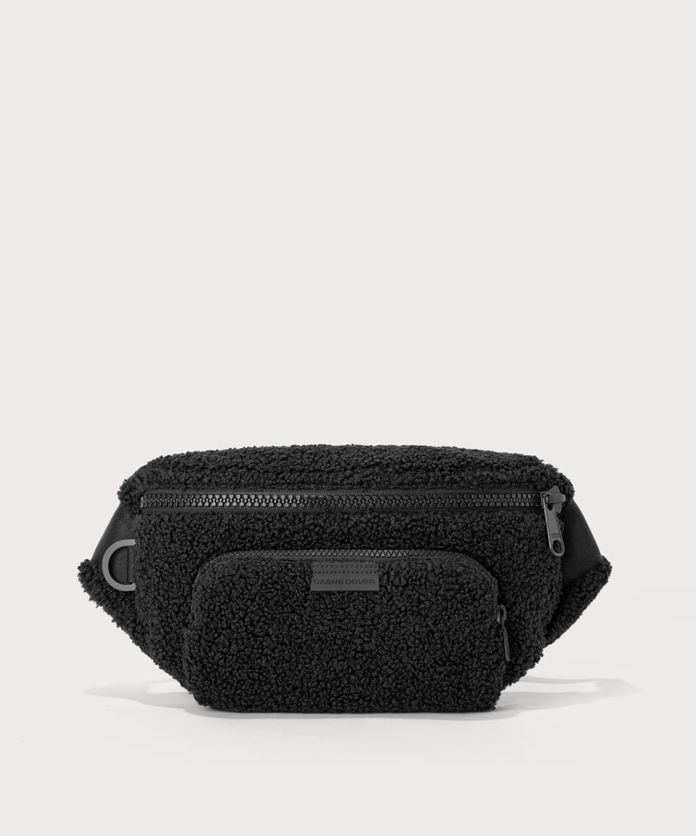 Jax fanny pack in a black. In a  Faux Shearling  a soft, wool-like plush made with recycled materials