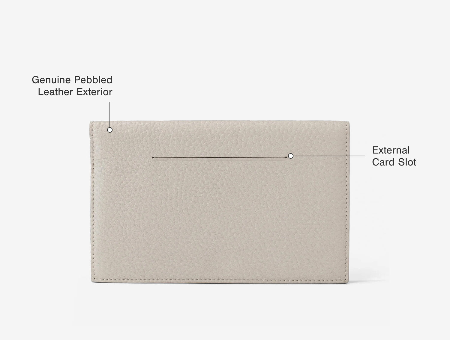 Back Features: External Card Slot, Genuine Pebbled Leather Exterior