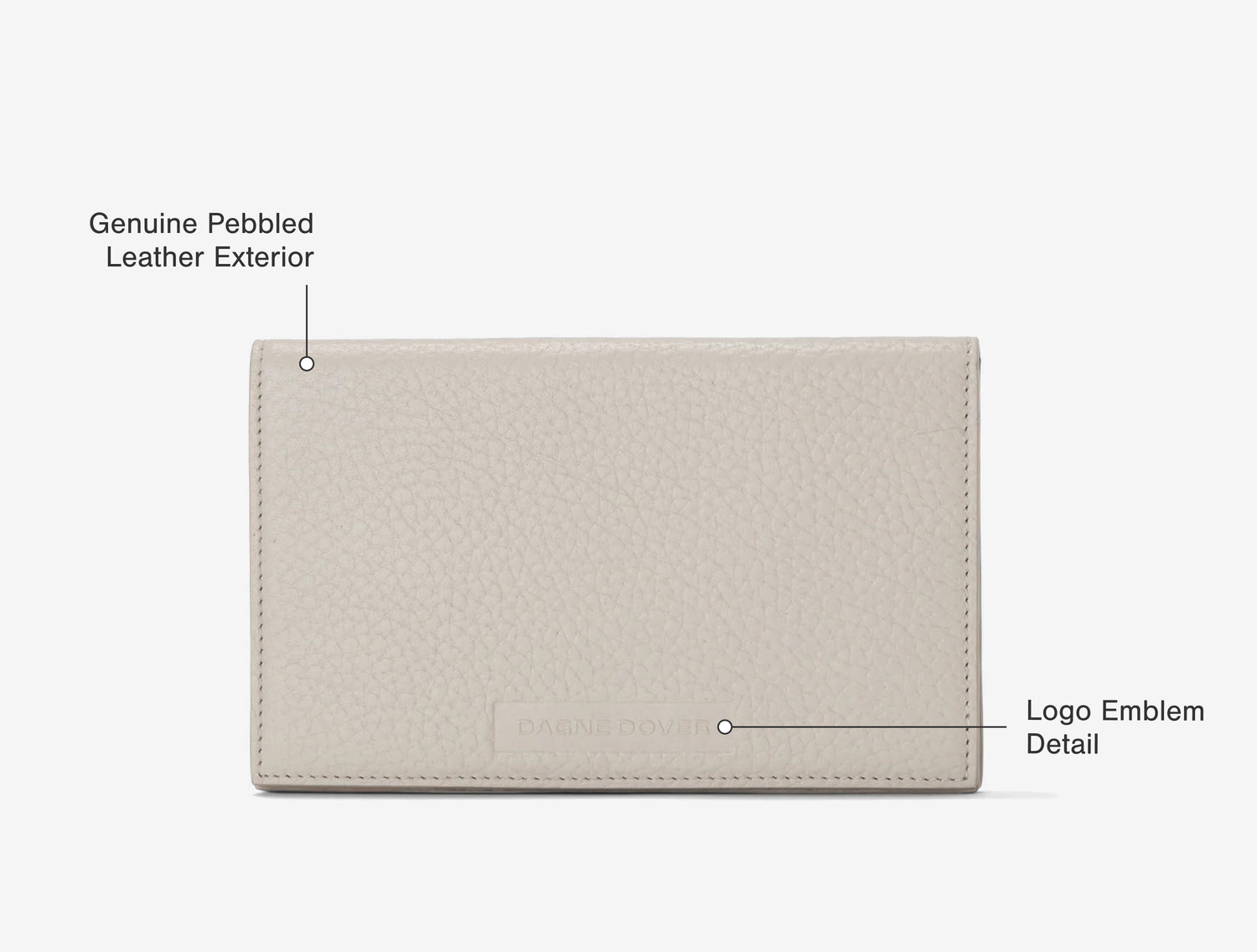 Front Features: Genuine Pebbled Leather Exterior, Logo Emblem Detail