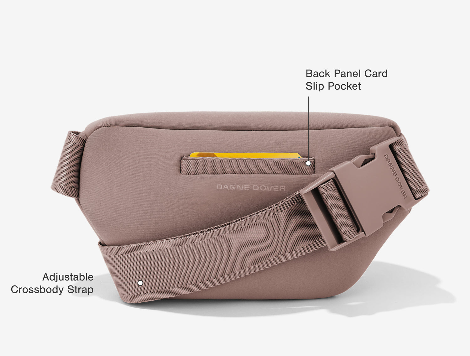 Back Features: Back Panel Card Slip Pocket, Adjustable Crossbody Strap