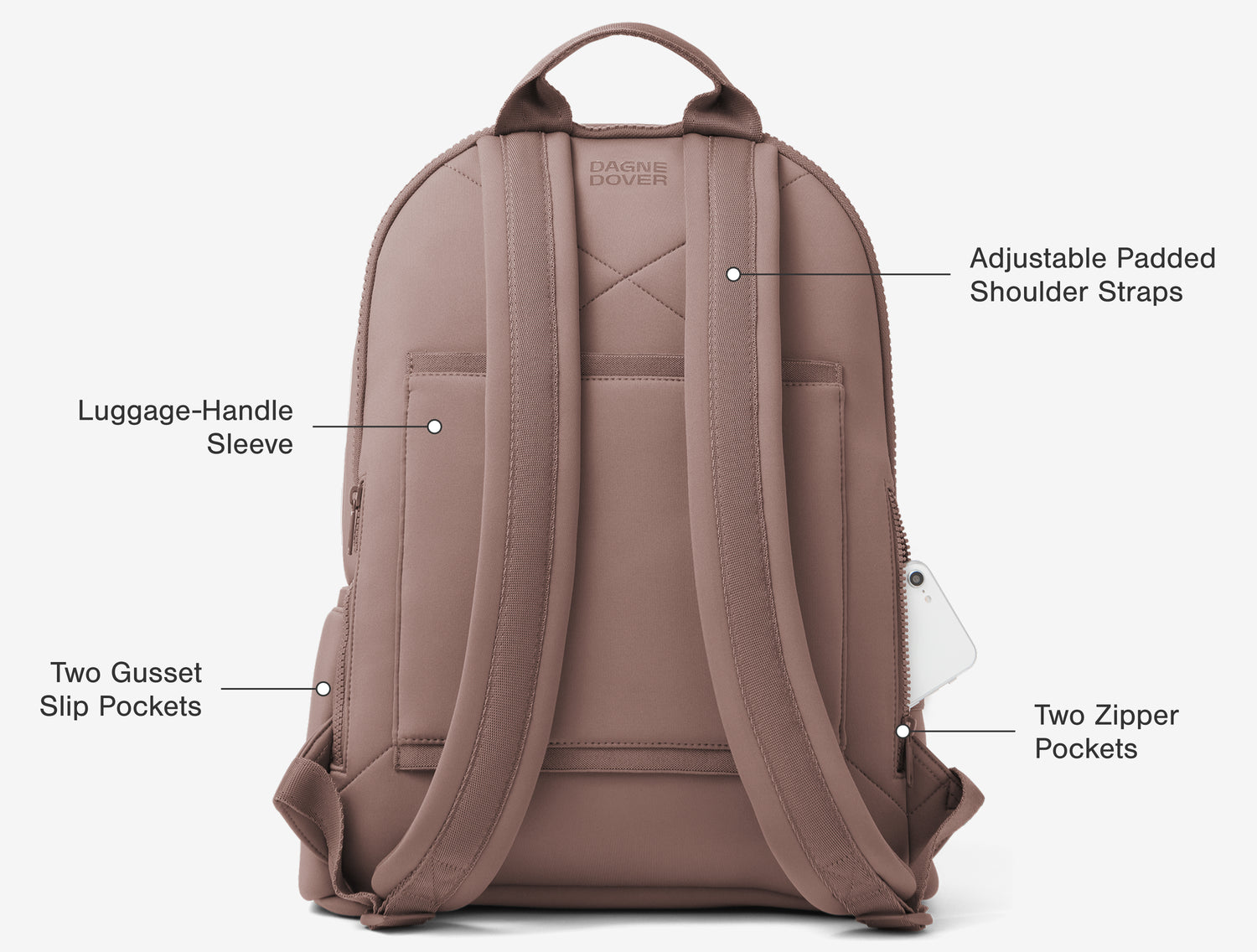 Back Features: Adjustable, Padded Shoulder Straps, Two Gusset Slip Pockets, Two Zipper Pockets, 