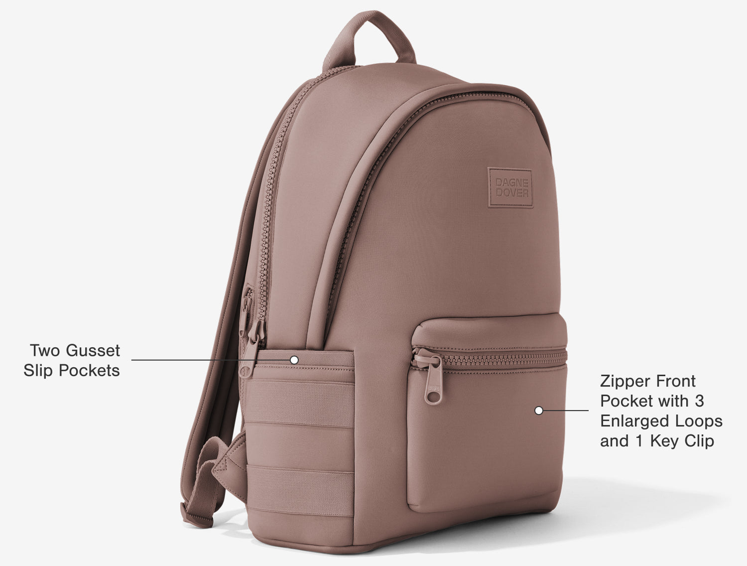 Front Features: Two Gusset Slip Pockets, Zipper Front Pocket with 2 Elastic Loops and 1 D-Ring