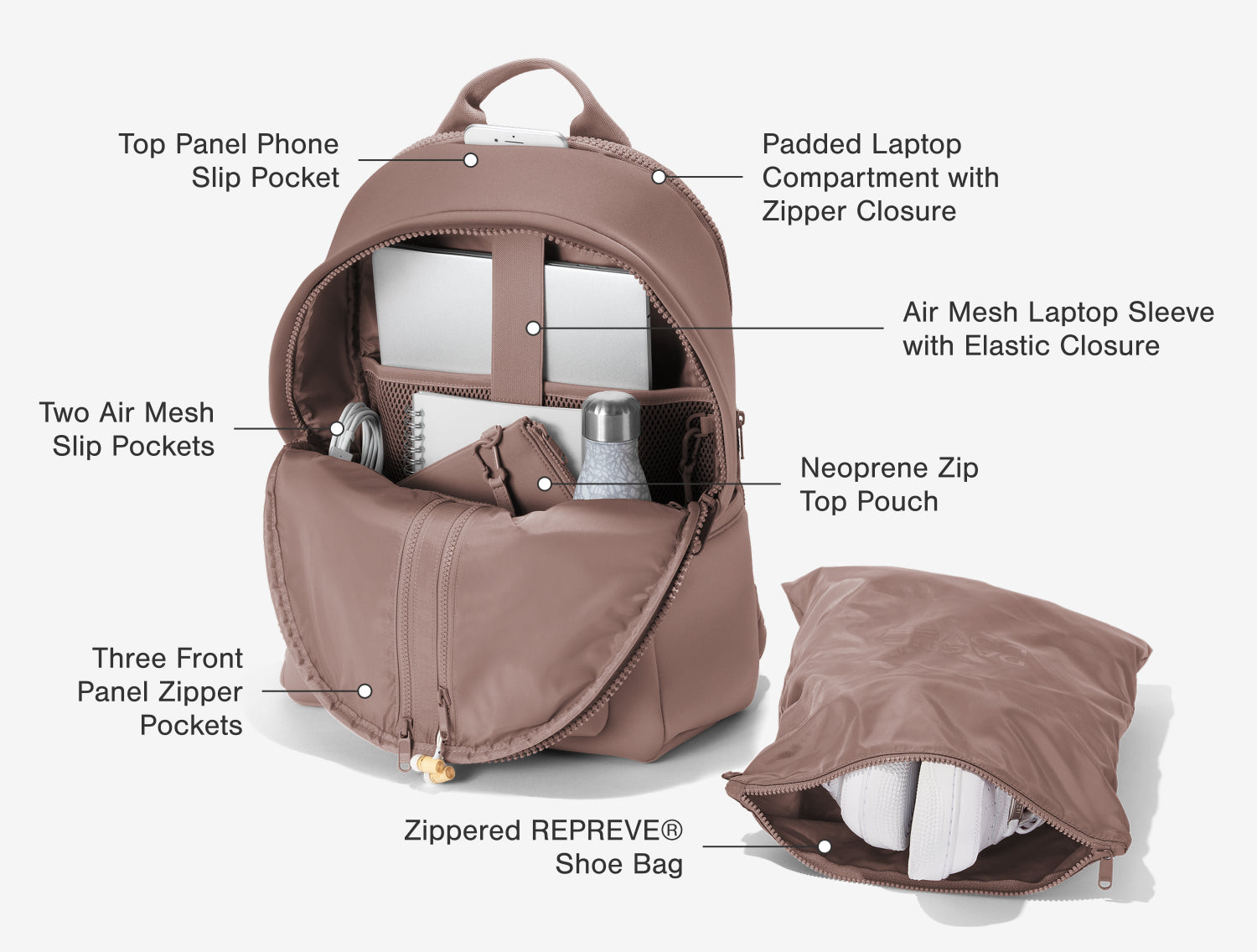 Interior Features: Two Air Mesh Slip Pockets, Air Mesh Tablet Sleeve, Three Front Panel Zipper Pockets, Two Exterior Slip Pockets, Detachable Key Leash 