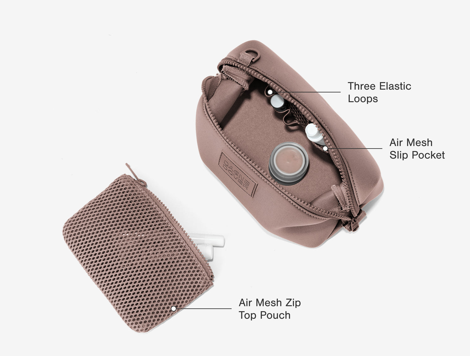 Interior Features: Three Elastic Loops, Air Mesh Slip Pocket, Air Mesh Zip  Top Pouch