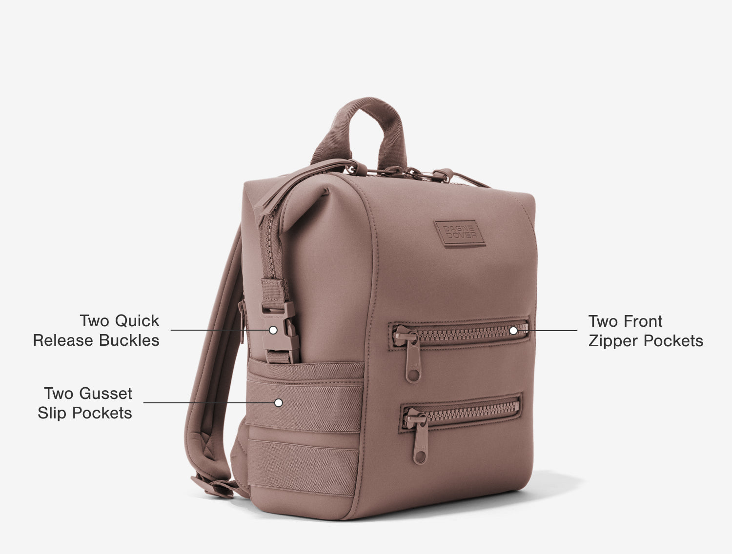 Front Features: Front Zipper Pocket, Two Quick Release Buckles, Two Gusset Slip Pockets, Front Zipper Pocket (for easy access to baby wipe pouch), 