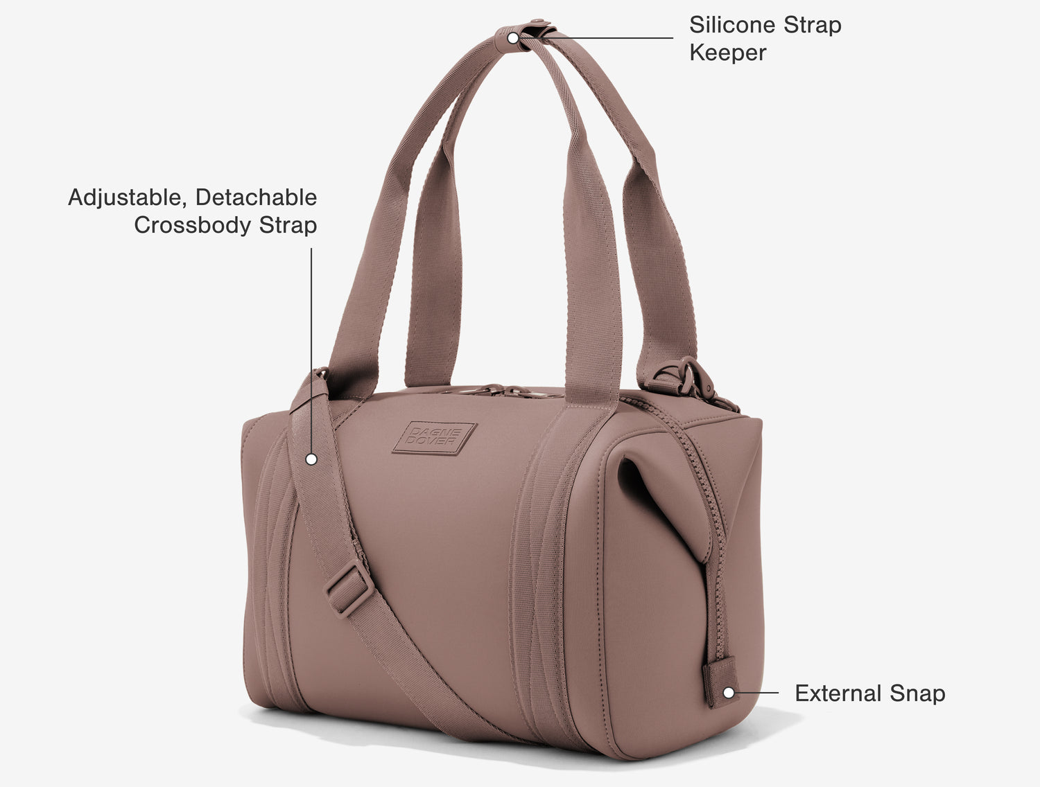 Front Features: Silicone Strap Keeper, Adjustable, Detachable Crossbody Strap, External Snap