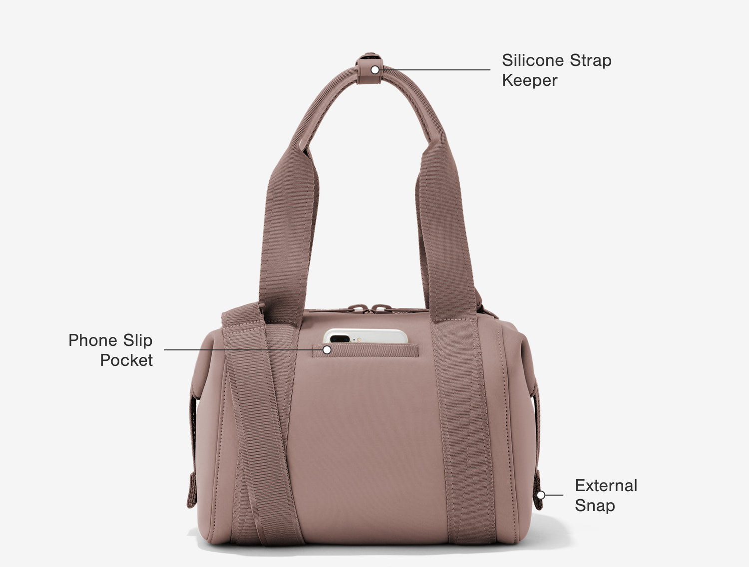 Back Features: Silicone Strap Keeper, Phone Slip Pocket, External Snap
