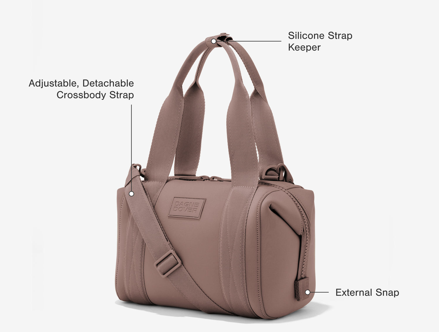 Front Features: Silicone Strap Keeper, Adjustable, Detachable Crossbody Strap, External Snap