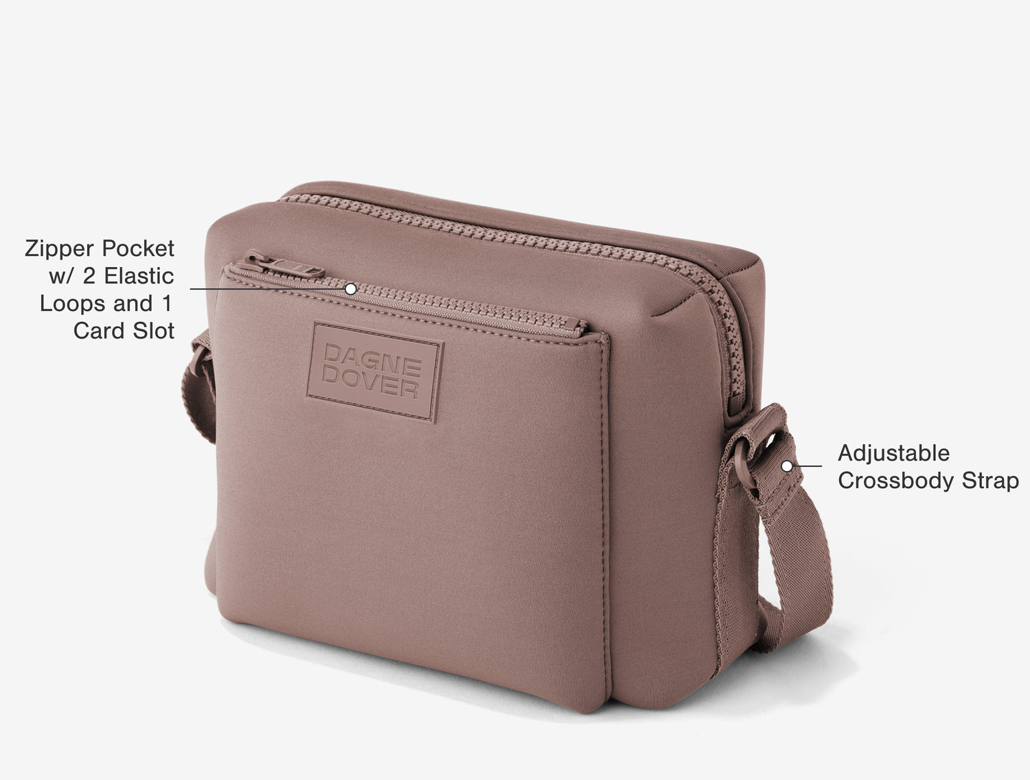 Front Features: Zipper Pocket with 2 Elastic Loops and 1 Card Slot, Adjustable Crossbody Strap