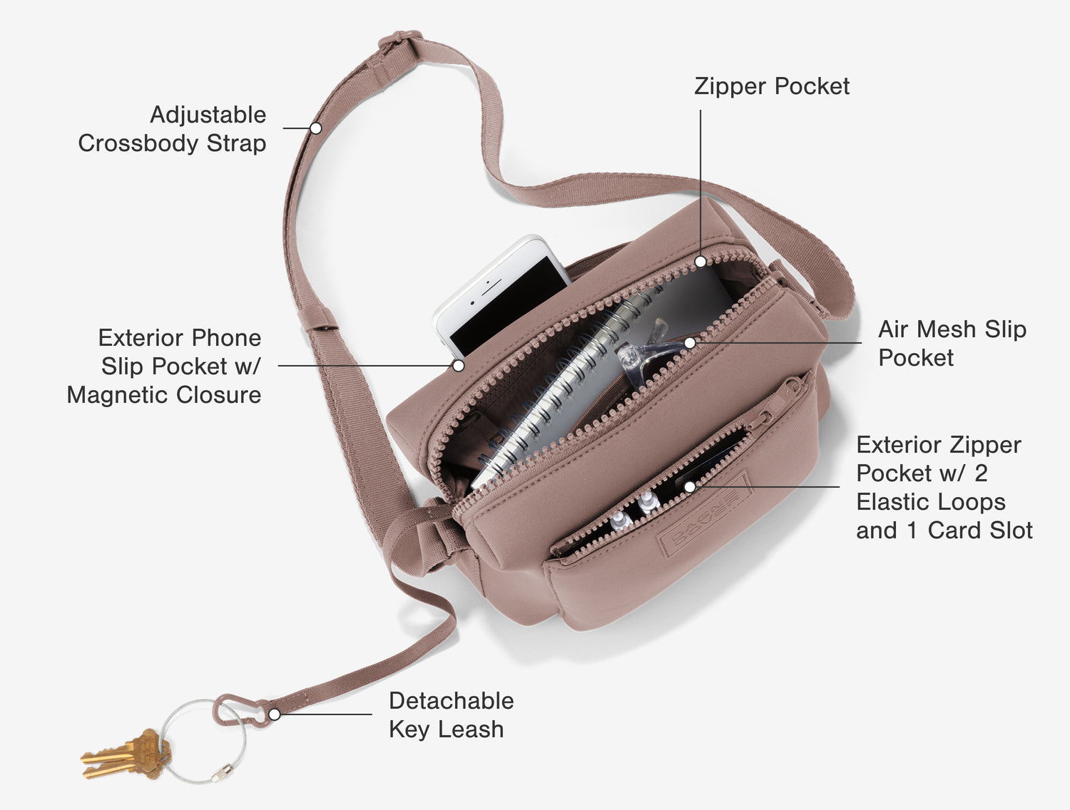 Interior Features: Adjustable Crossbody Strap, Zipper Pocket, Air Mesh Slip Pocket, Exterior Phone Slip Pocket with Magnetic Closure, Detachable Key Leash, Exterior Zipper Pocket with 2 Elastic Loops and 1 Card Slot
