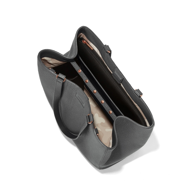 Dagne Dover large Allyn Tote in medium grey seen from above, revealing the interior slip pockets and laptop sleeve.