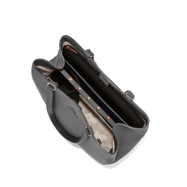 Dagne Dover medium Allyn Tote in medium grey seen from above, revealing the interior slip pockets and laptop sleeve.