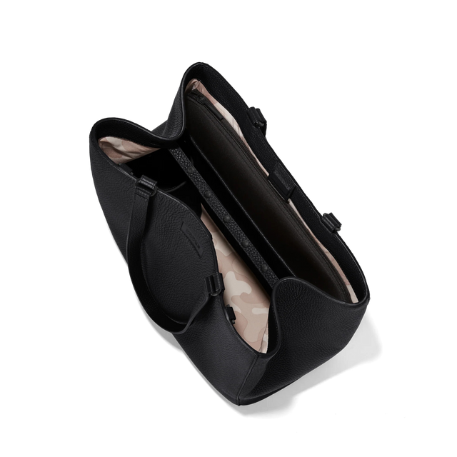 Dagne Dover large Allyn Tote in black seen from above, revealing the interior slip pockets and laptop sleeve.