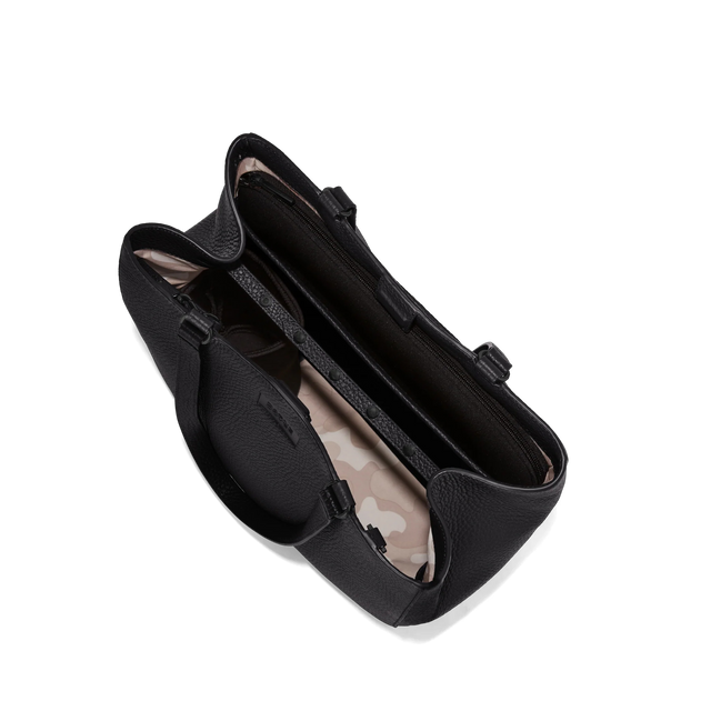 Dagne Dover medium Allyn Tote in black seen from above, revealing the interior slip pockets and laptop sleeve.