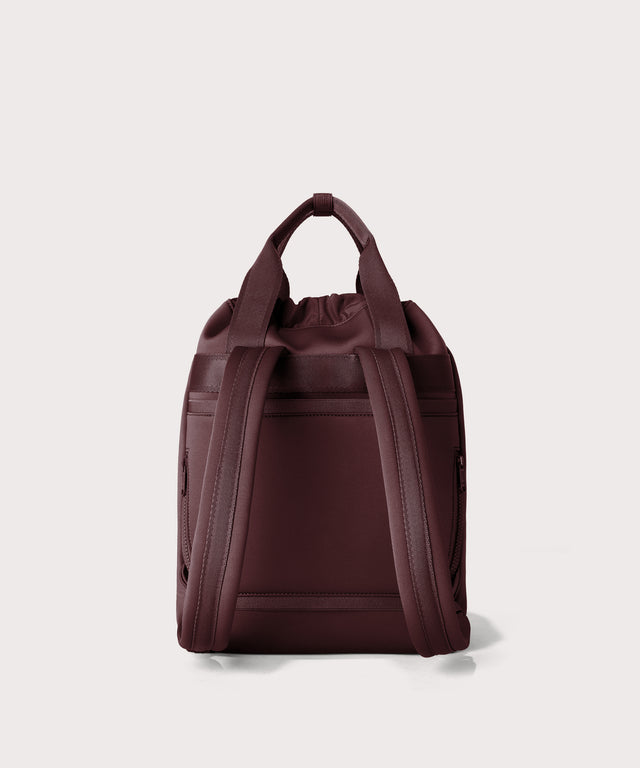 Rhys Backpack in a deep brown with purple undertones seen from the back.
