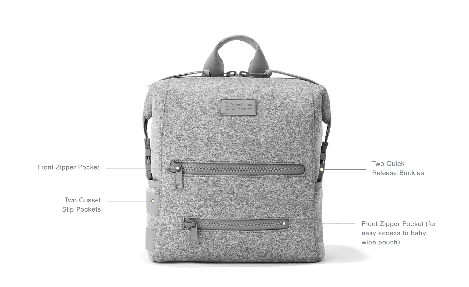 Front Features: Front Zipper Pocket, Two Quick Release Buckles, Two Gusset Slip Pockets, Front Zipper Pocket (for easy access to baby wipe pouch), 