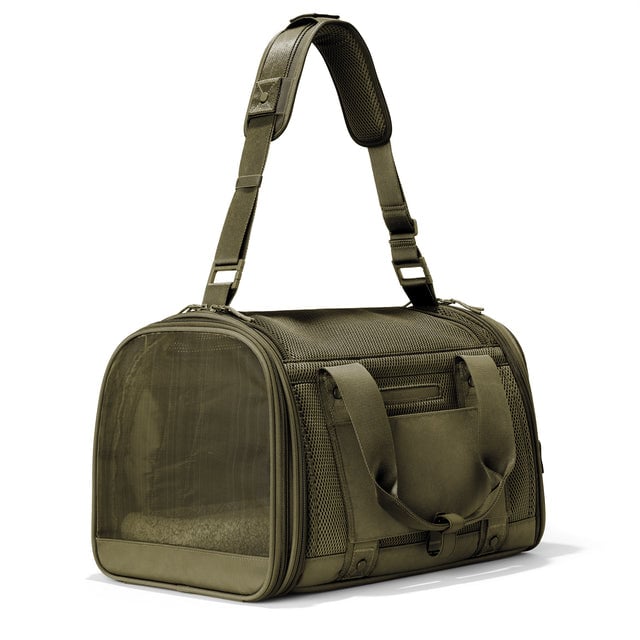 Dagne Dover Large Kyoto Pet Carrier in a deep olive green seen from a back angle with crossbody strap.