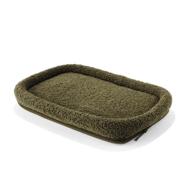 Dagne Dover Large Kyoto Pet Carrier removable padded faux sherpa pet bed in a deep olive green.