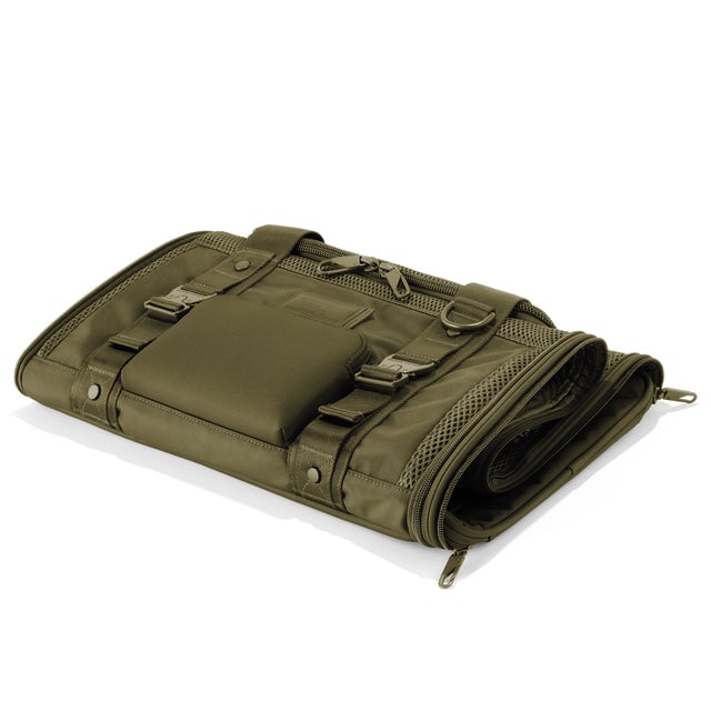 Dagne Dover Large Kyoto Pet Carrier in a deep olive green folded flat.