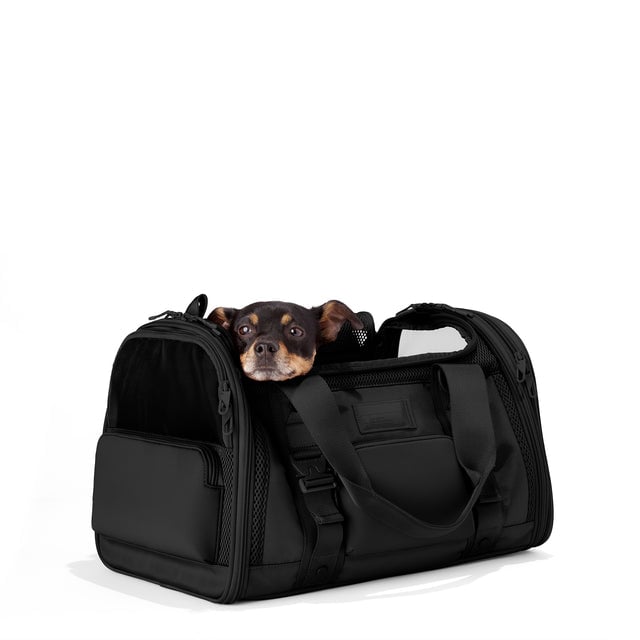 Dagne Dover Large Kyoto Pet Carrier in black seen from an angle with a dog inside the carrier. Caption: Ocho is a 16-lb Chihuahua mix. hover