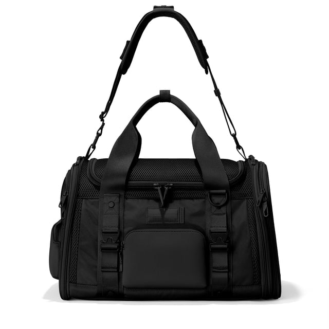 Dagne Dover Large Kyoto Pet Carrier in black seen from the front with crossbody strap.