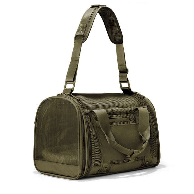 Dagne Dover Small Kyoto Pet Carrier in a deep olive green seen from a back angle with crossbody strap.