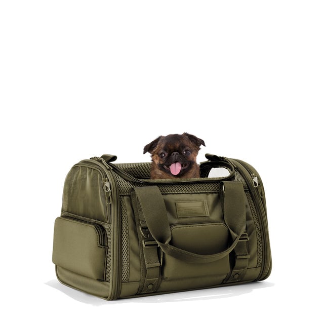 Dagne Dover Small Kyoto Pet Carrier in a deep olive green seen from an angle with a dog inside the carrier. Caption: Edna is a 5-lb Brussels Griffon. hover