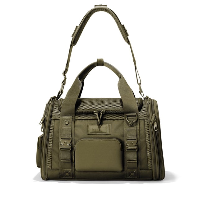 Dagne Dover Small Kyoto Pet Carrier in a deep olive green seen from the front with crossbody strap.