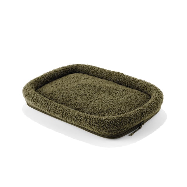 Dagne Dover Small Kyoto Pet Carrier removable padded faux sherpa pet bed in a deep olive green.