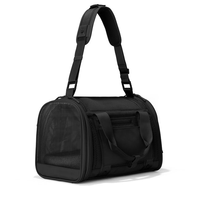 Dagne Dover Small Kyoto Pet Carrier in black seen from a back angle with crossbody strap.