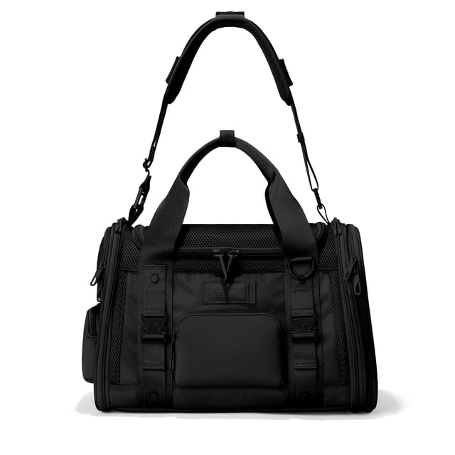 Dagne Dover Small Kyoto Pet Carrier in black seen from the front with crossbody strap.