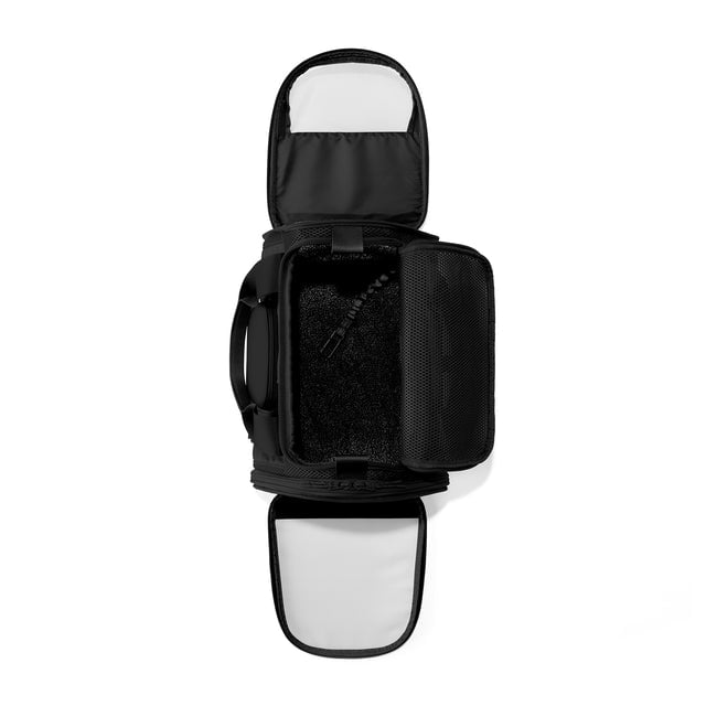 Dagne Dover Small Kyoto Pet Carrier in black seen unzipped, top down view. 