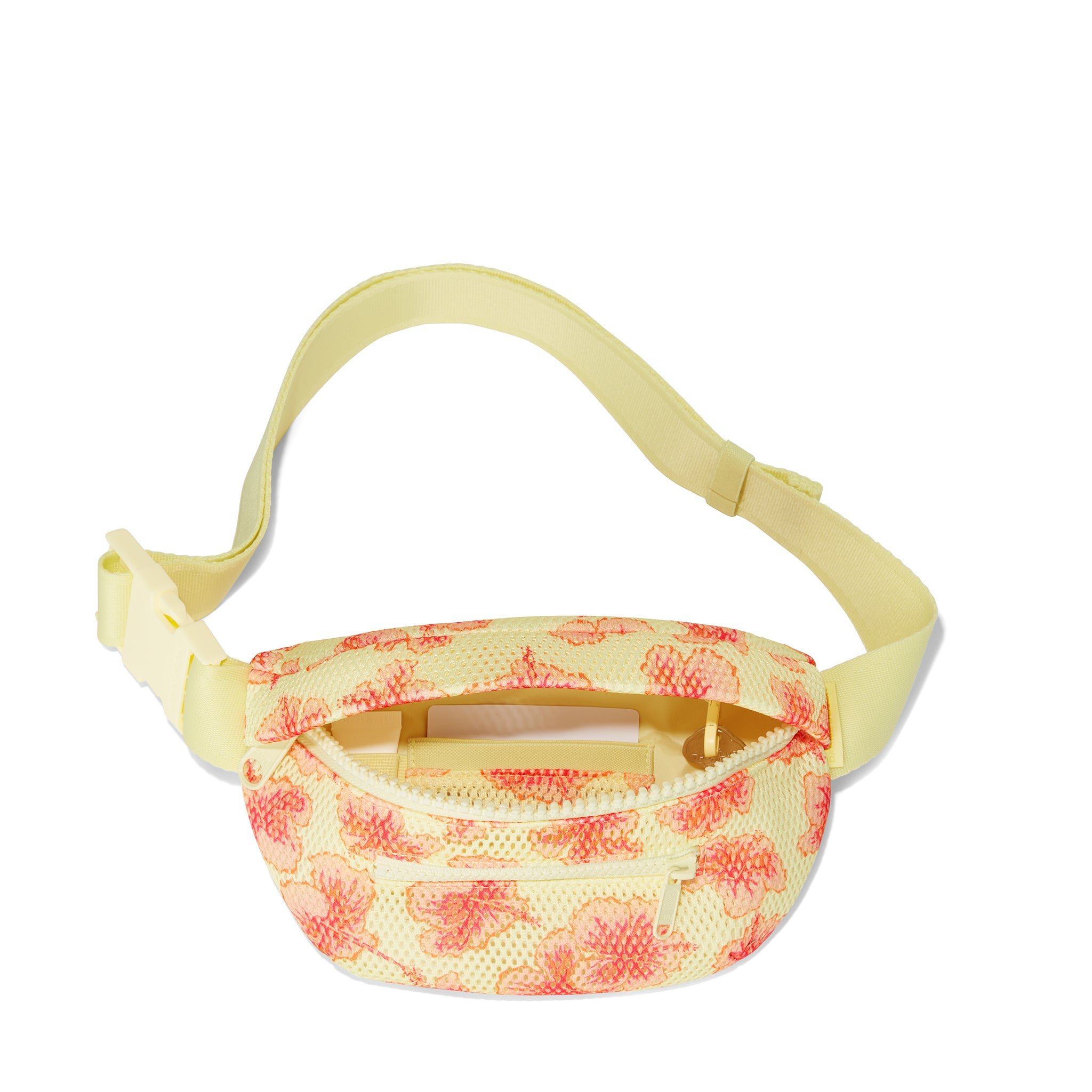 Dagne Dover Ace Fanny Pack in a custom-painted hibiscus pattern airmesh, unzipped, displaying interior pockets. hover