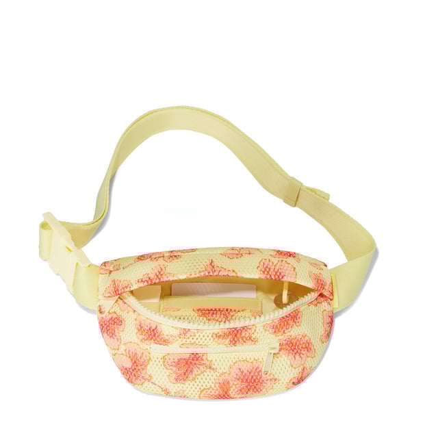 Dagne Dover Ace Fanny Pack in a custom-painted hibiscus pattern airmesh, unzipped, displaying interior pockets. hover