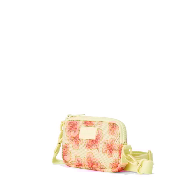 Dagne Dover Mara Phone Sling in a custom-painted hibiscus pattern airmesh seen from an angle, showing the adjustable shoulder strap drop.