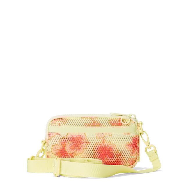 Dagne Dover Mara Phone Sling in a custom-painted hibiscus pattern airmesh showing the exterior air mesh slip.
