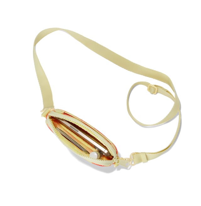 Dagne Dover Mara Phone Sling unzipped in a custom-painted hibiscus pattern airmesh seen from above, exposing the interior card slots. hover