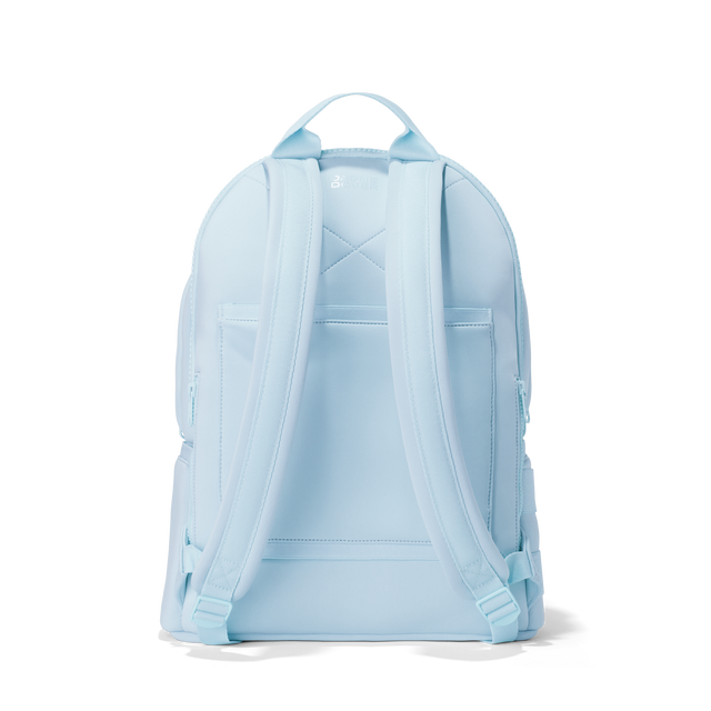 Dagne Dover large Dakota Neoprene Backpack in An airy, lighter sky blue seen from the back.