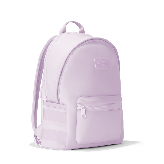 Dagne Dover large Dakota Neoprene Backpack in A soft purple with grey undertones seen from an angle.