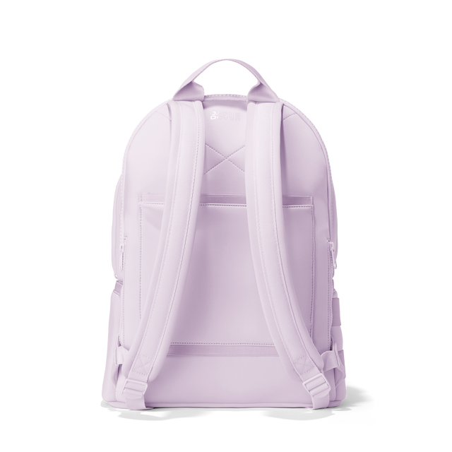Dagne Dover large Dakota Neoprene Backpack in A soft purple with grey undertones seen from the back.